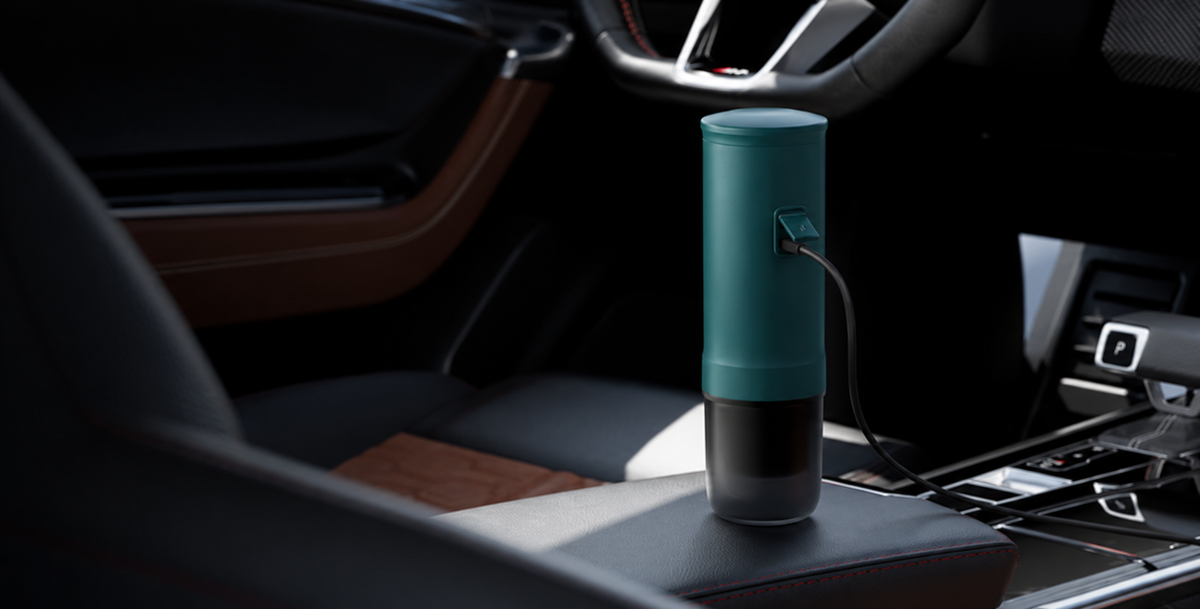 Portable coffee maker charging in a car