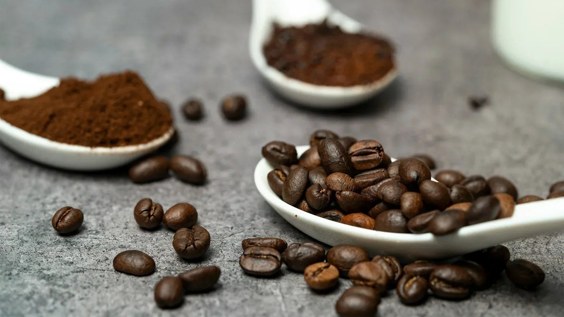 A close-up shows whole roasted coffee beans in a white spoon, contrasted with scoops of fine ground coffee on a dark gray, textured background