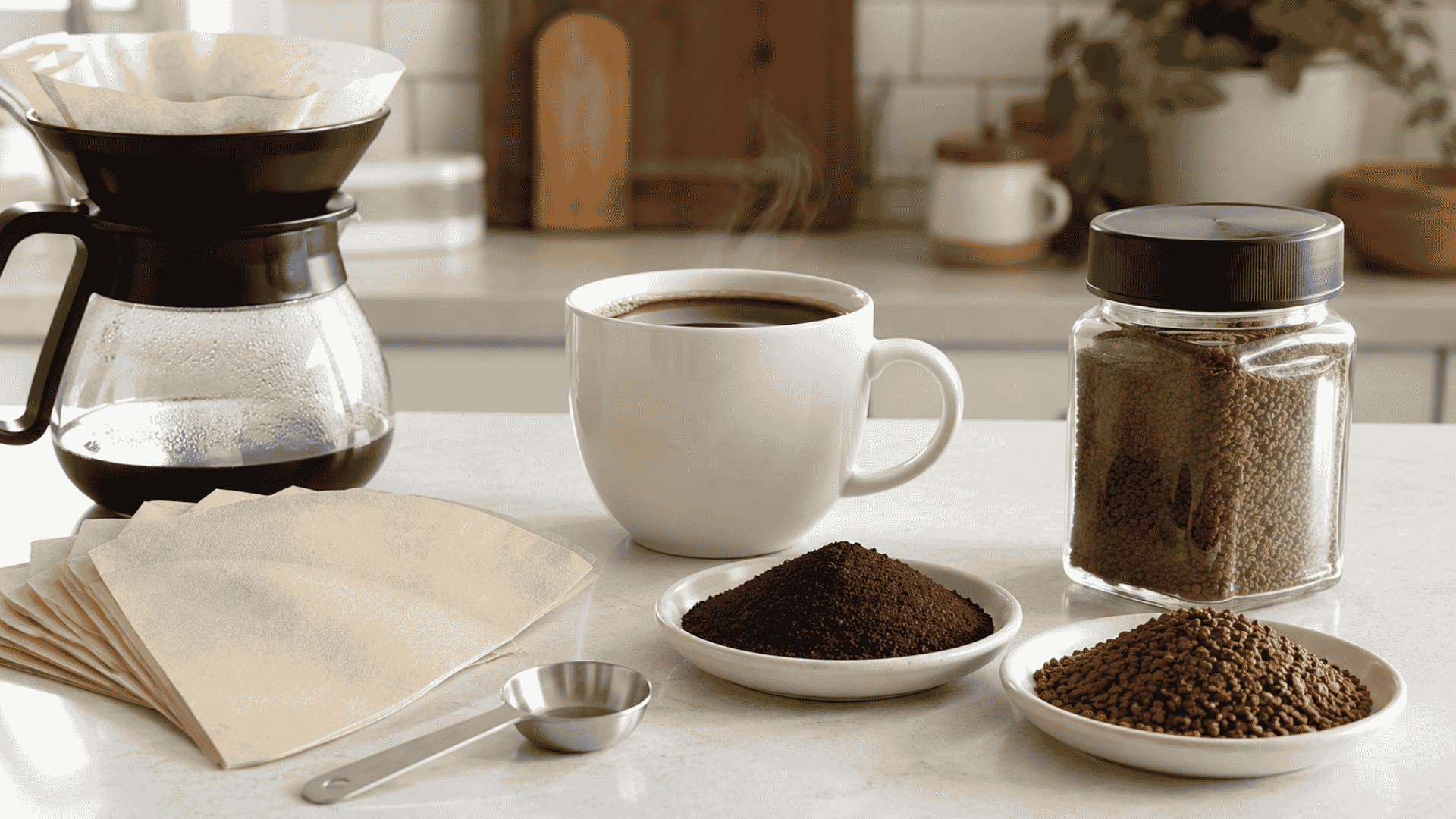 Ground coffee, instant coffee granules, a paper filter, and a freshly brewed cup on a kitchen counter