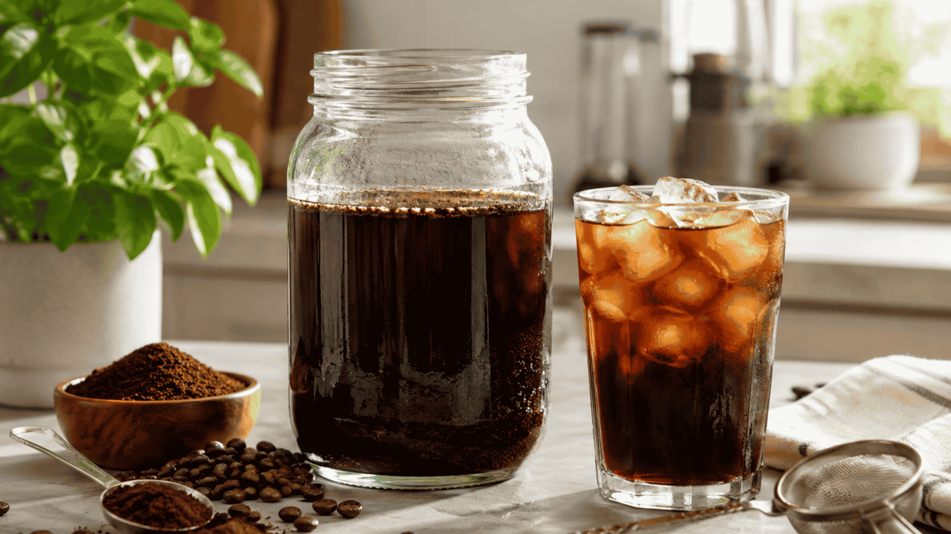 Homemade cold brew coffee with coarse grounds and a glass jar