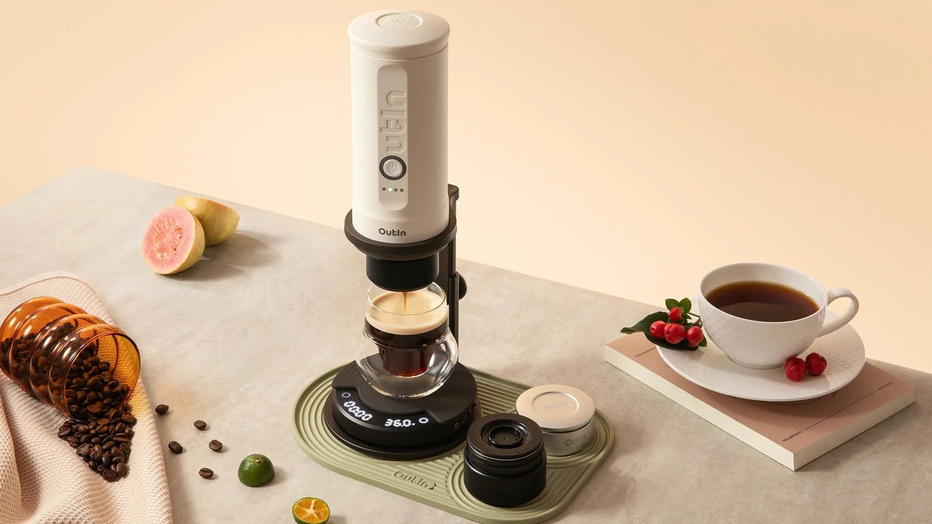 Complete espresso setup with grinder, tamper, and fresh coffee beans