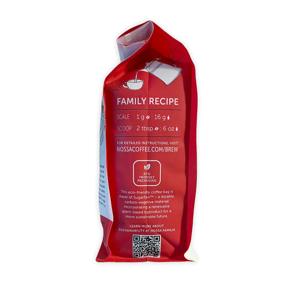 Nossa Familia Camila's Organic coffee bag: red, with brewing details & eco-friendly packaging info.