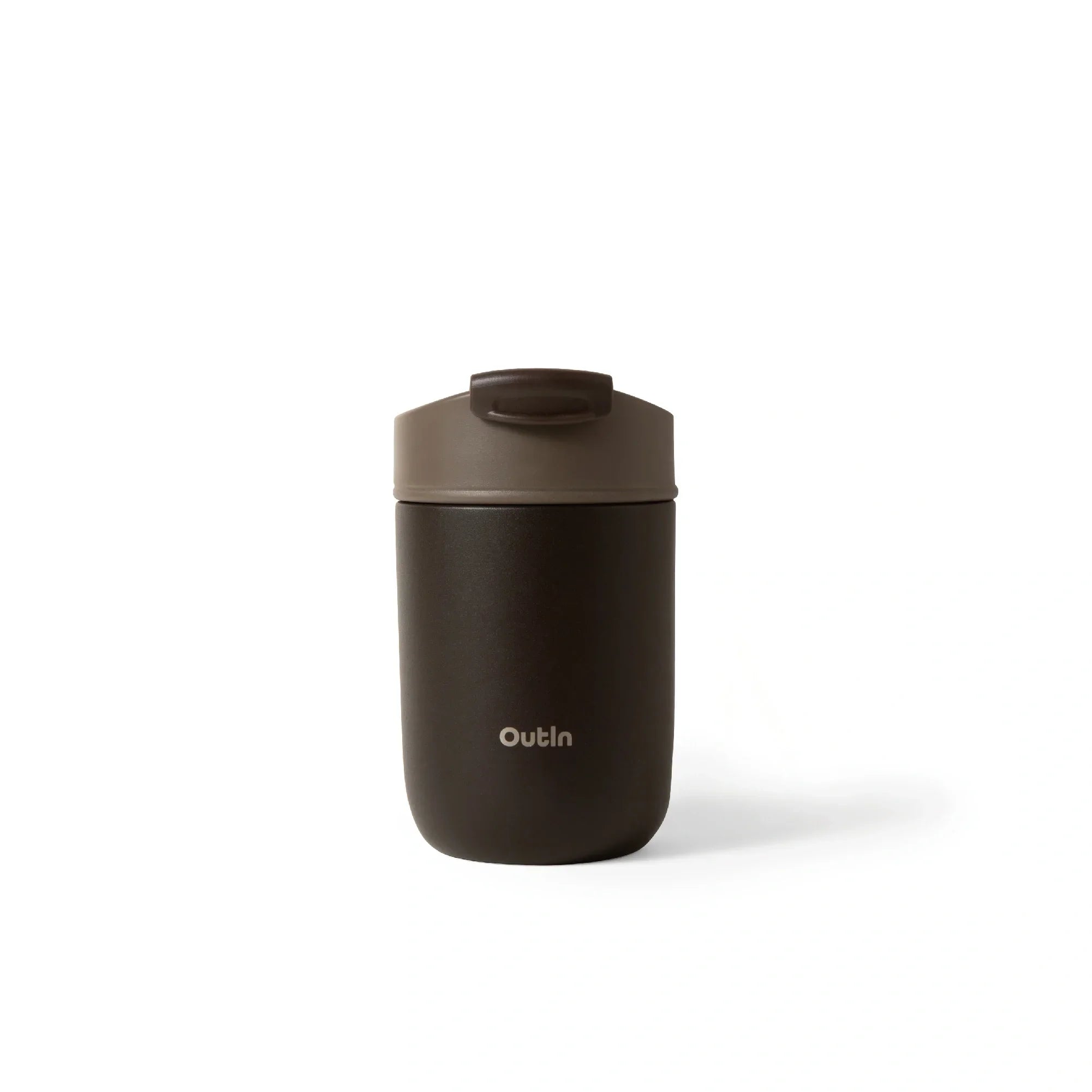 OutIn dark brown travel tumbler with taupe flip-top lid, showcasing minimalist matte finish.