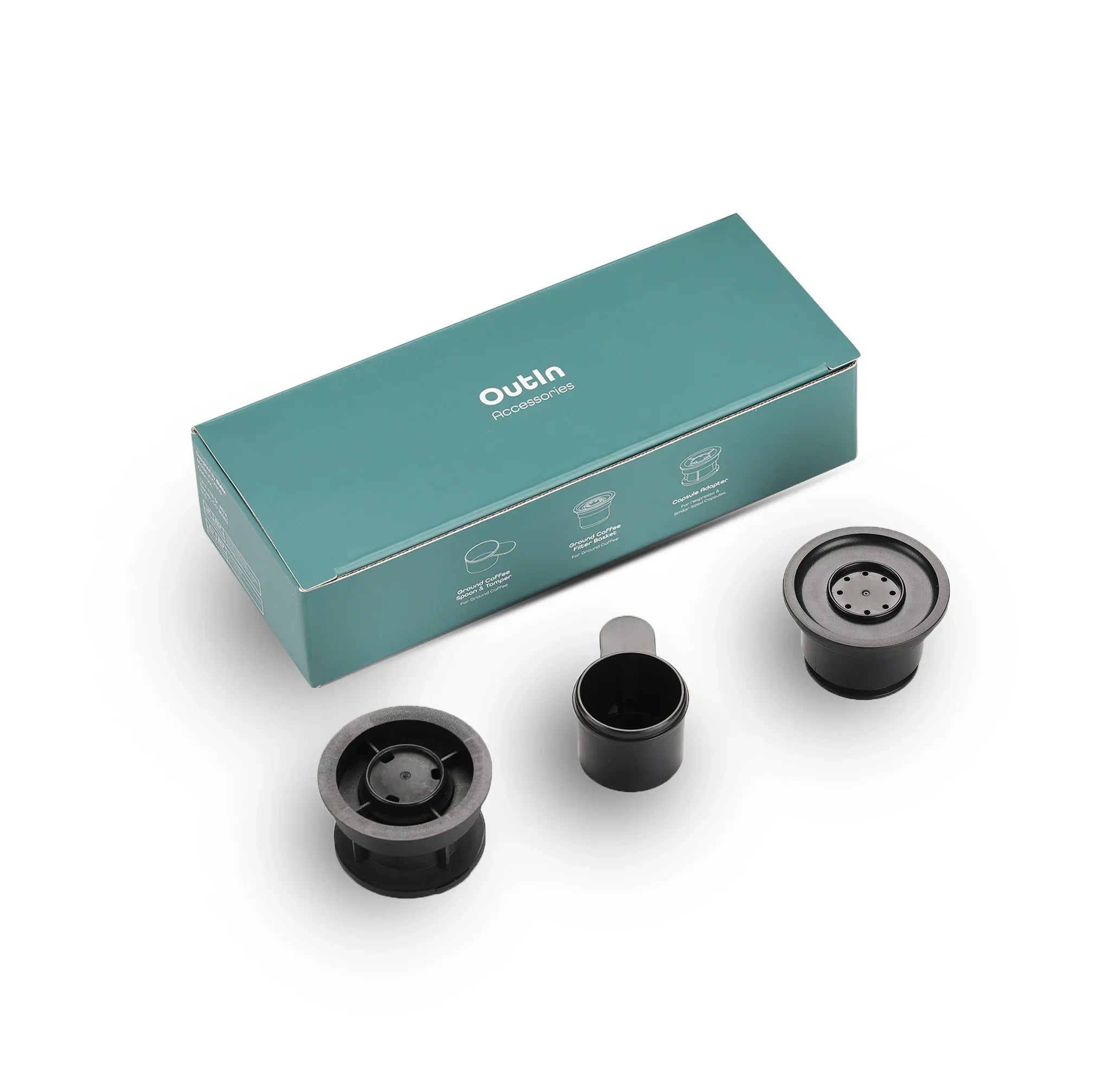 OutIn Nano Portable Espresso Machine Adapters Kit with capsule adapter, ground coffee filter, and spoon.
