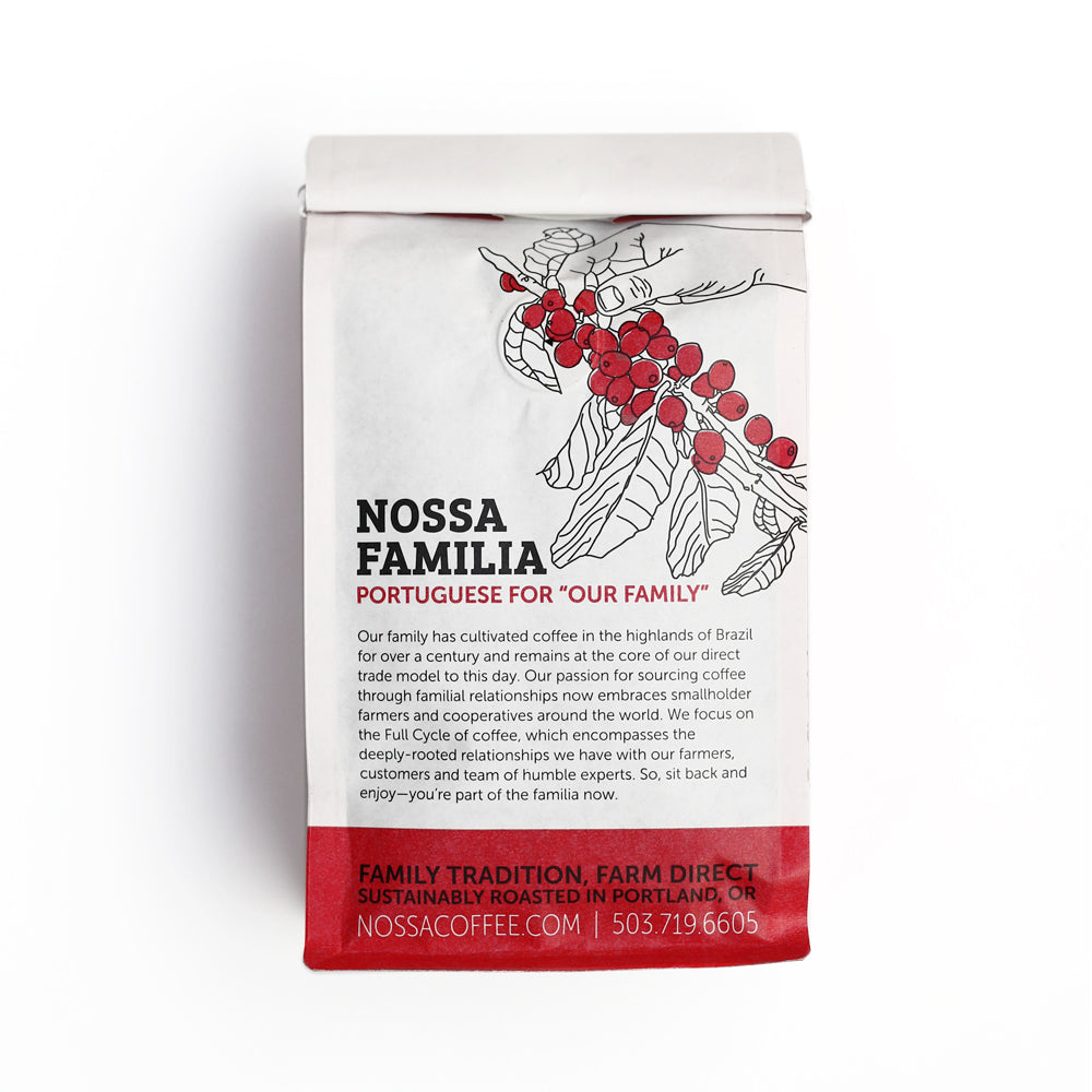 Nossa Familia Coffee bag, Family tradition, farm direct and sustainably roasted in Portland