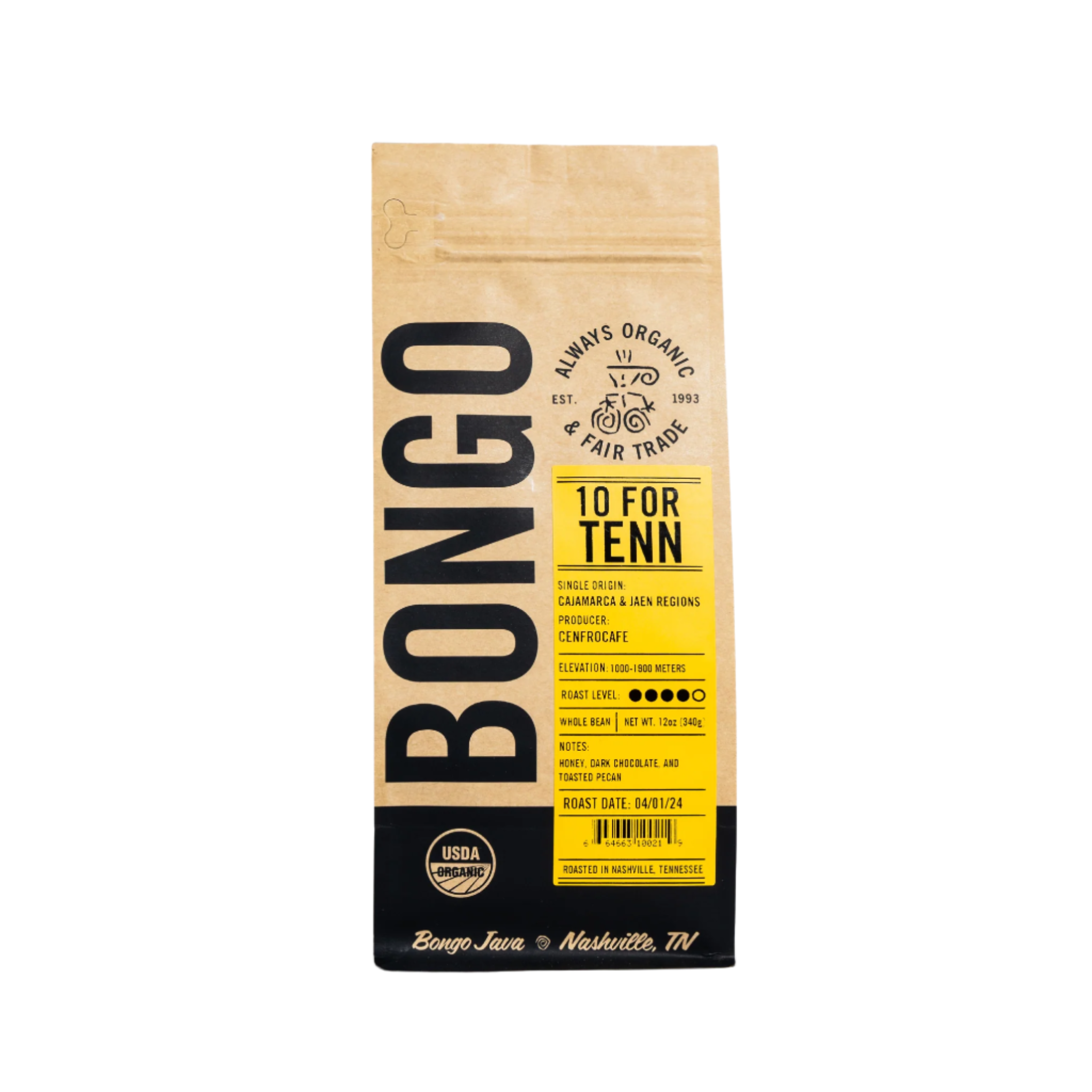 Bongo Java 10 For Tenn organic coffee - dark roast with honey, dark chocolate, and pecan notes