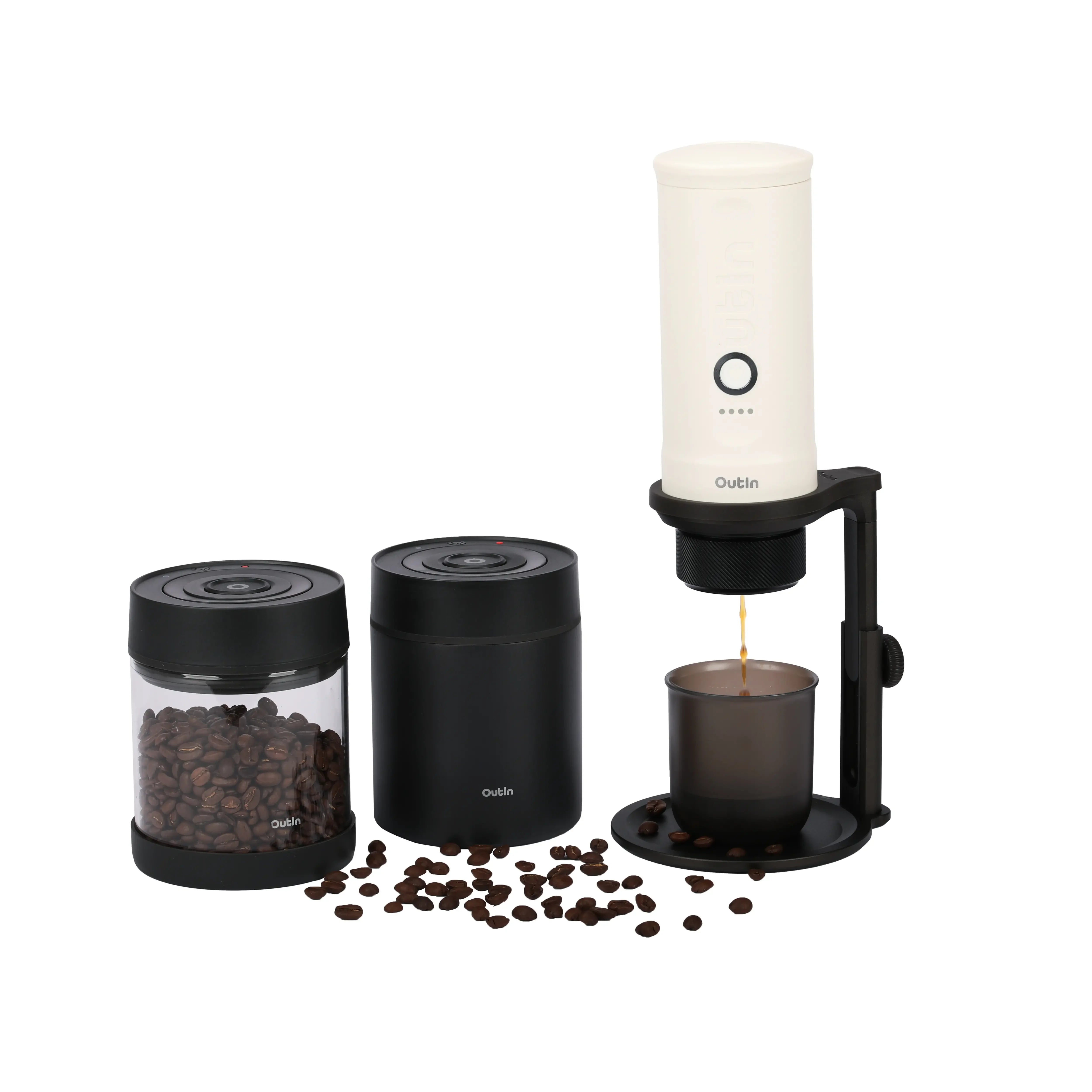 OutIn portable electric vacuum coffee canisters, glass with beans, black, and OutIn Nano portable espresso maker brewing.