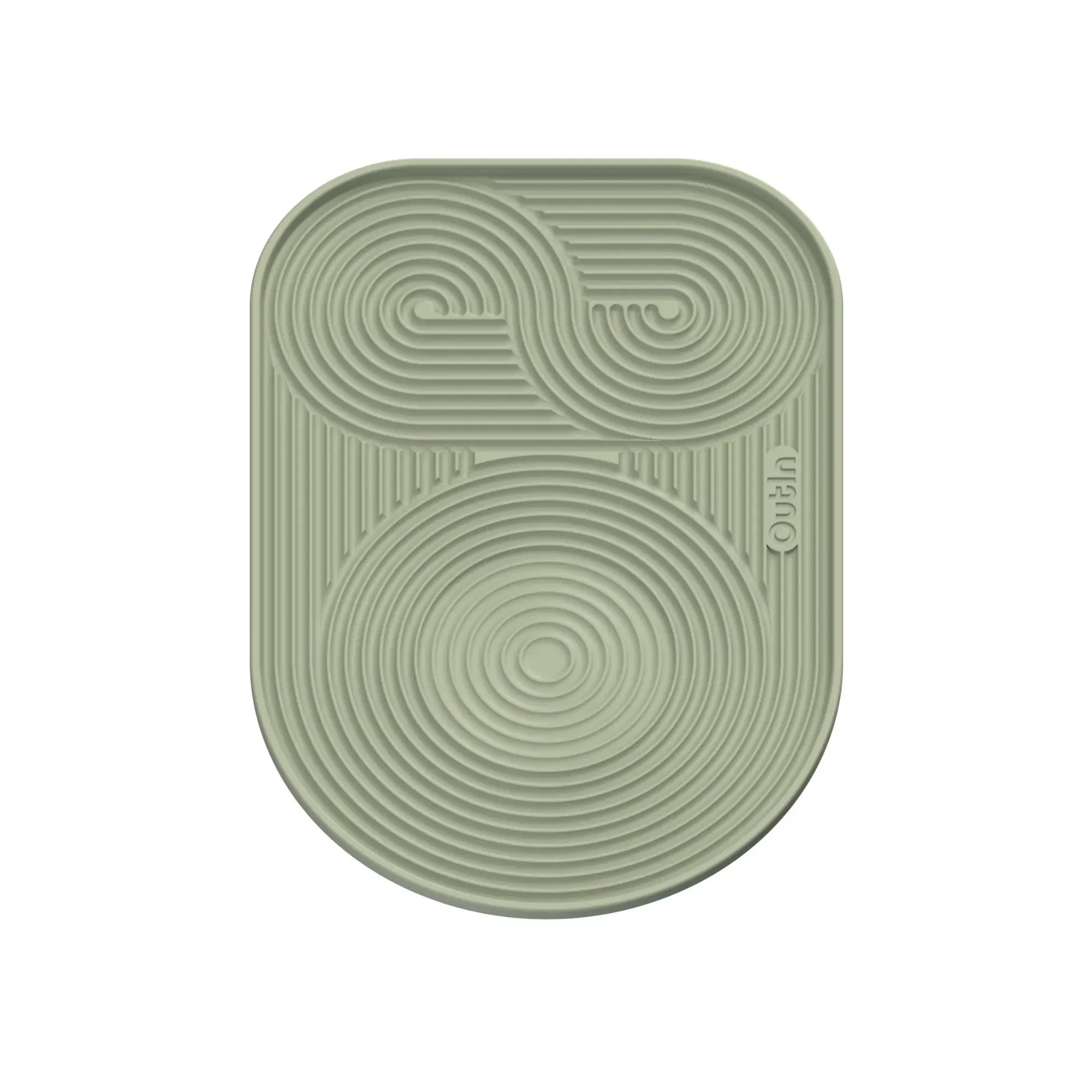OutIn light sage green oval silicone coffee mat with embossed geometric pattern for drainage and grip.