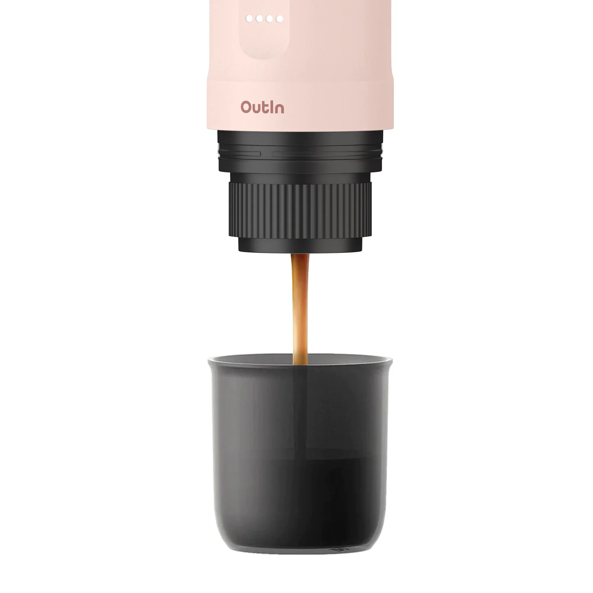 Rose Quartz Nano Portable Espresso Machine brewing rich espresso into a dark gray cup, showcasing the brewing process.