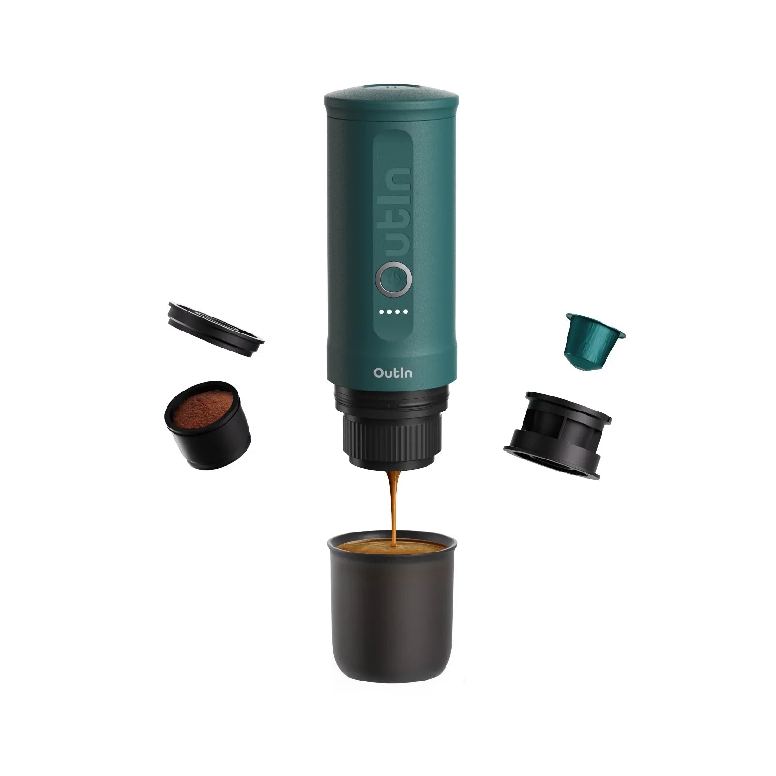 OutIn teal Nano portable espresso machine brewing, showing coffee capsule and ground coffee.