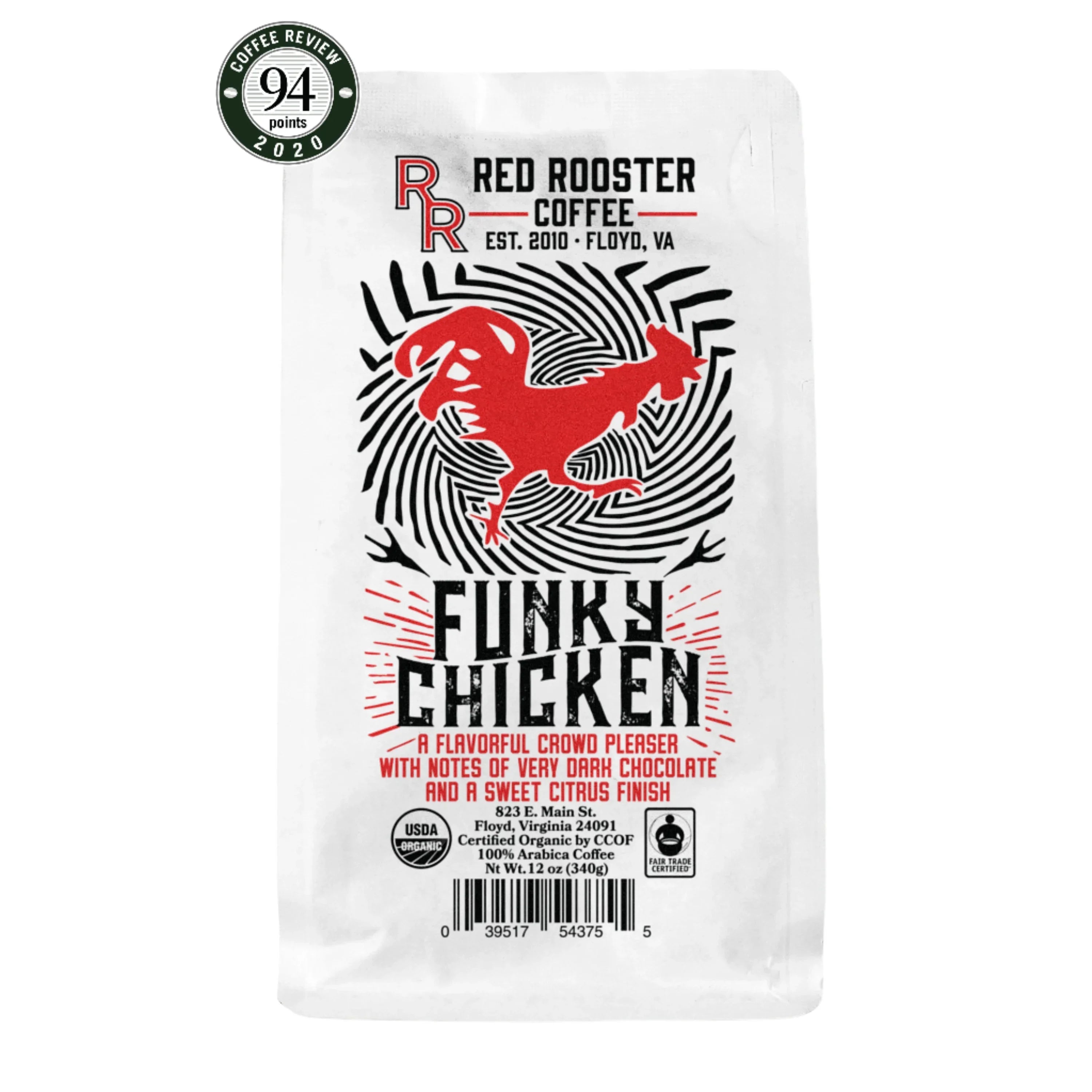 Red Rooster Funky Chicken organic coffee bag, red rooster graphic, USDA Organic, Fair Trade.