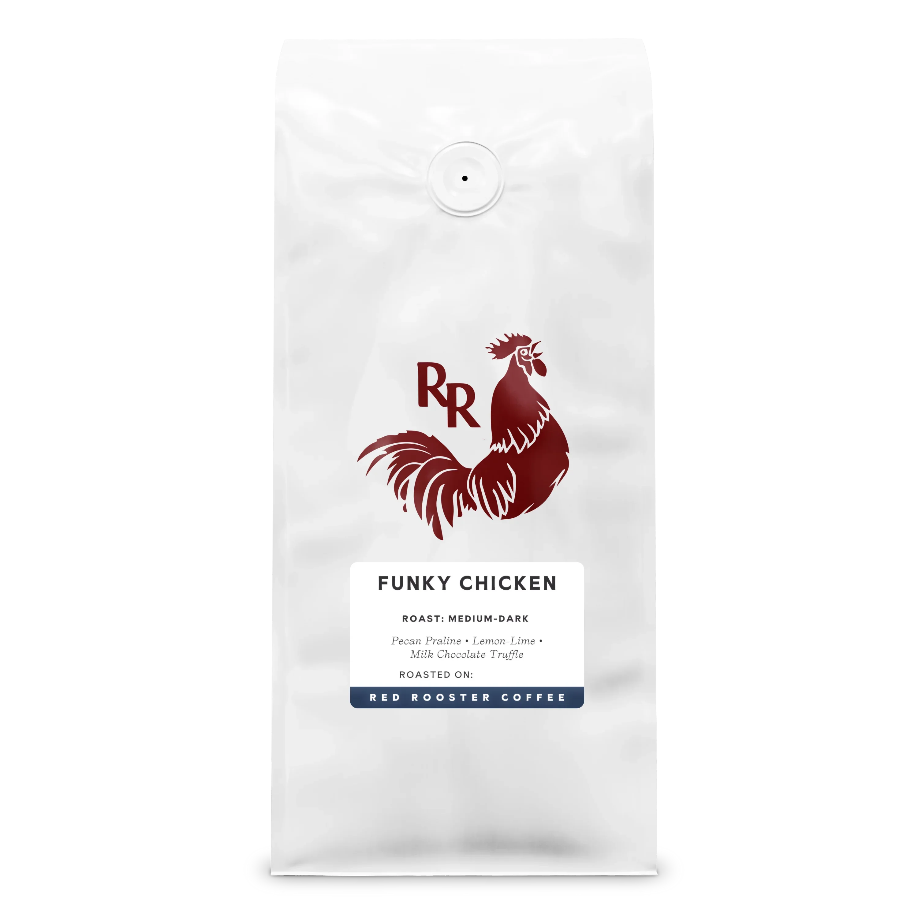 Red Rooster Coffee Funky Chicken bag: red rooster graphic, pecan praline, lemon-lime, milk chocolate truffle.