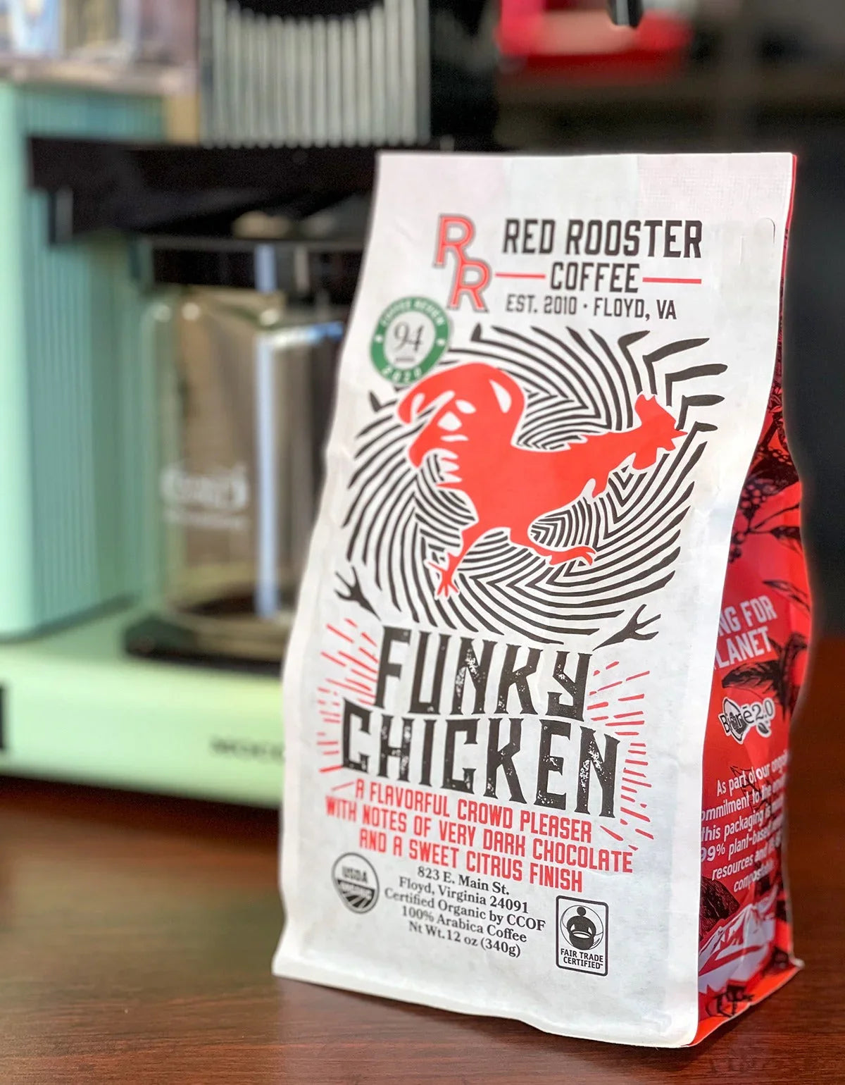 Red Rooster Coffee Funky Chicken bag: organic, fair trade, dark chocolate & citrus notes.