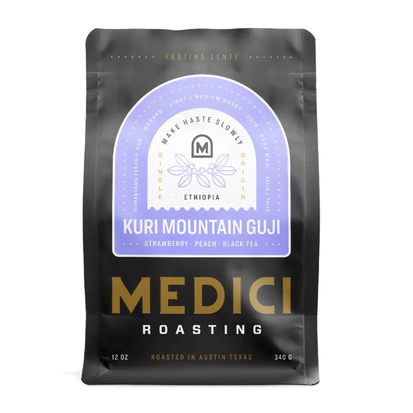 Medici Roasting Ethiopia Washed Kuri Mountain Guji coffee bag with strawberry, peach, black tea notes.