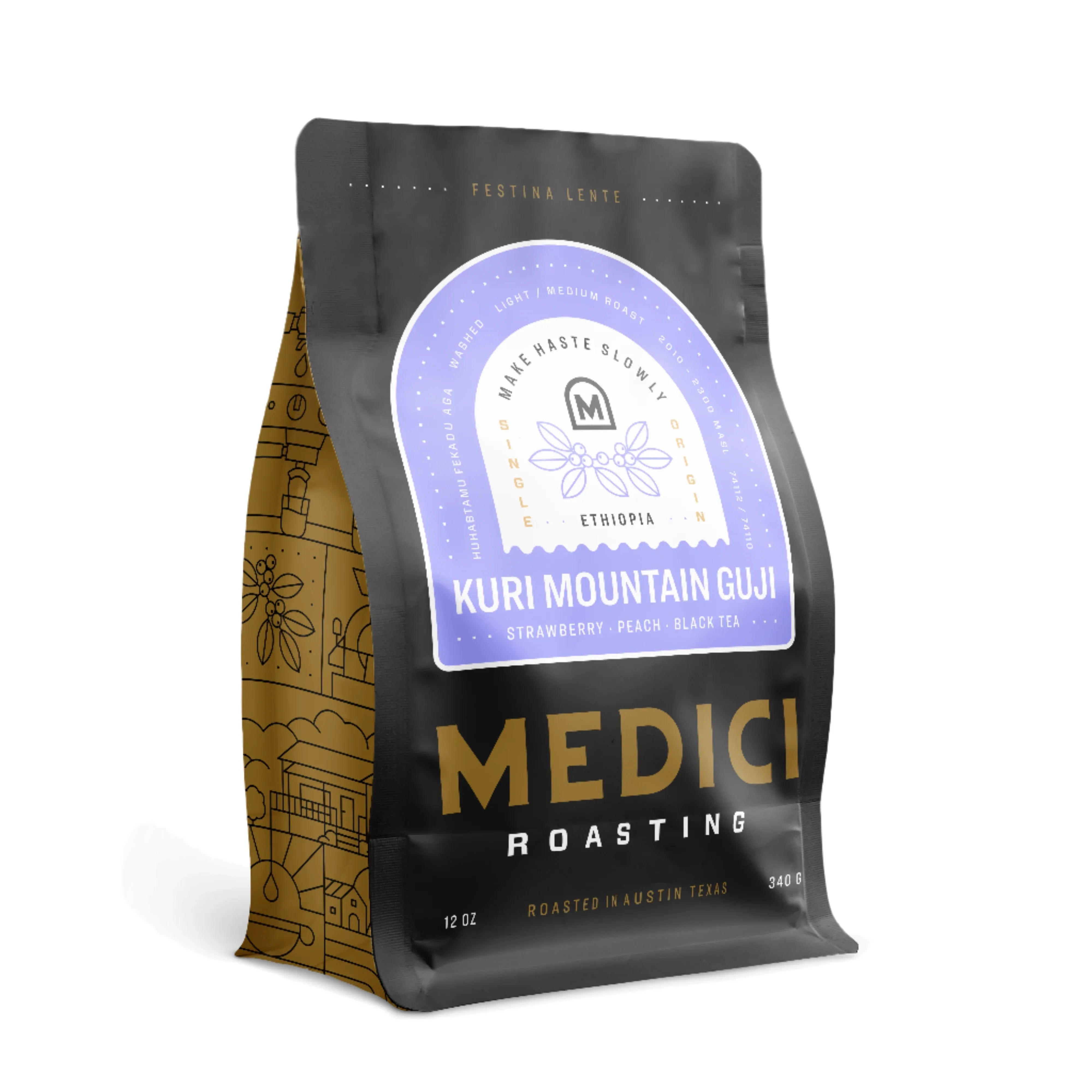 Medici Roasting Ethiopia Washed Guji coffee bag, light/medium roast, strawberry, peach, black tea notes.