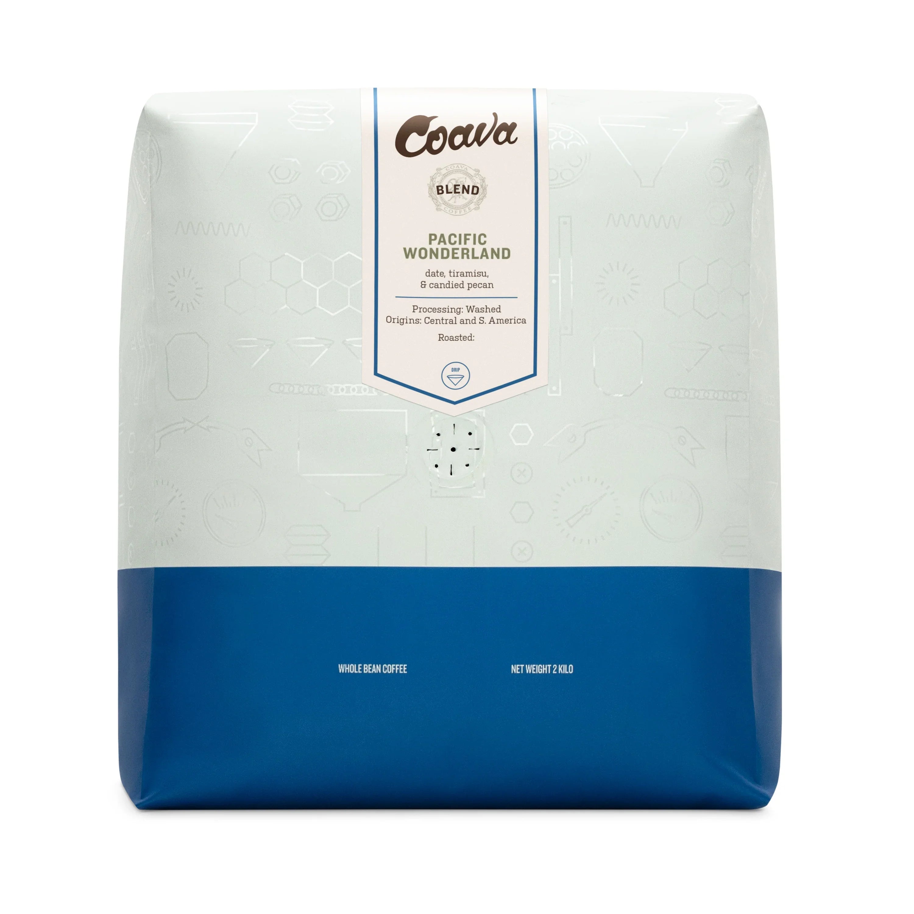 Coava Pacific Wonderland 2kg whole bean coffee bag. Tasting notes: date, tiramisu, candied pecan. Central/S. America origins.