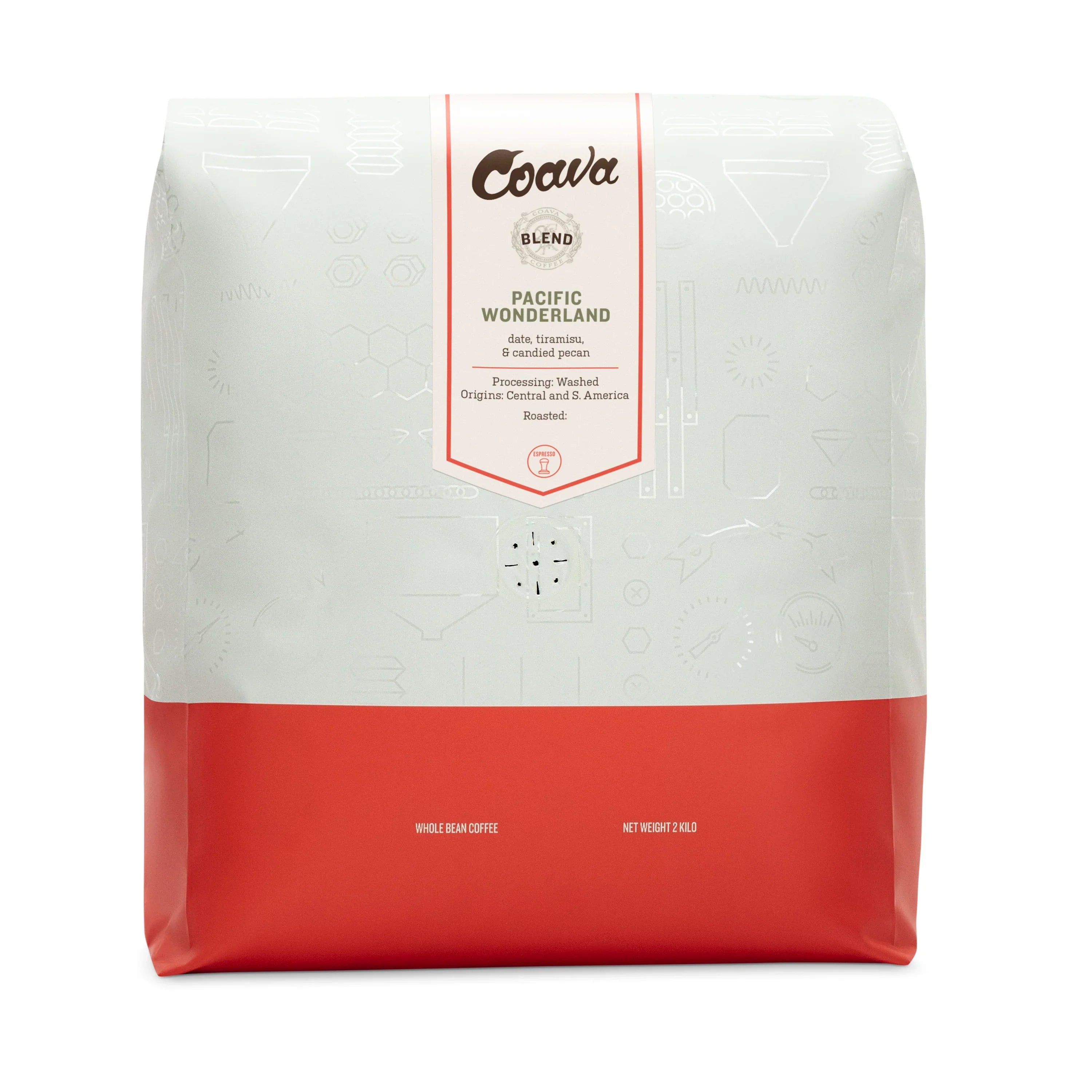 2kg Coava Pacific Wonderland whole bean coffee bag. Espresso roast with date, tiramisu, candied pecan notes. Central/S. America origin.