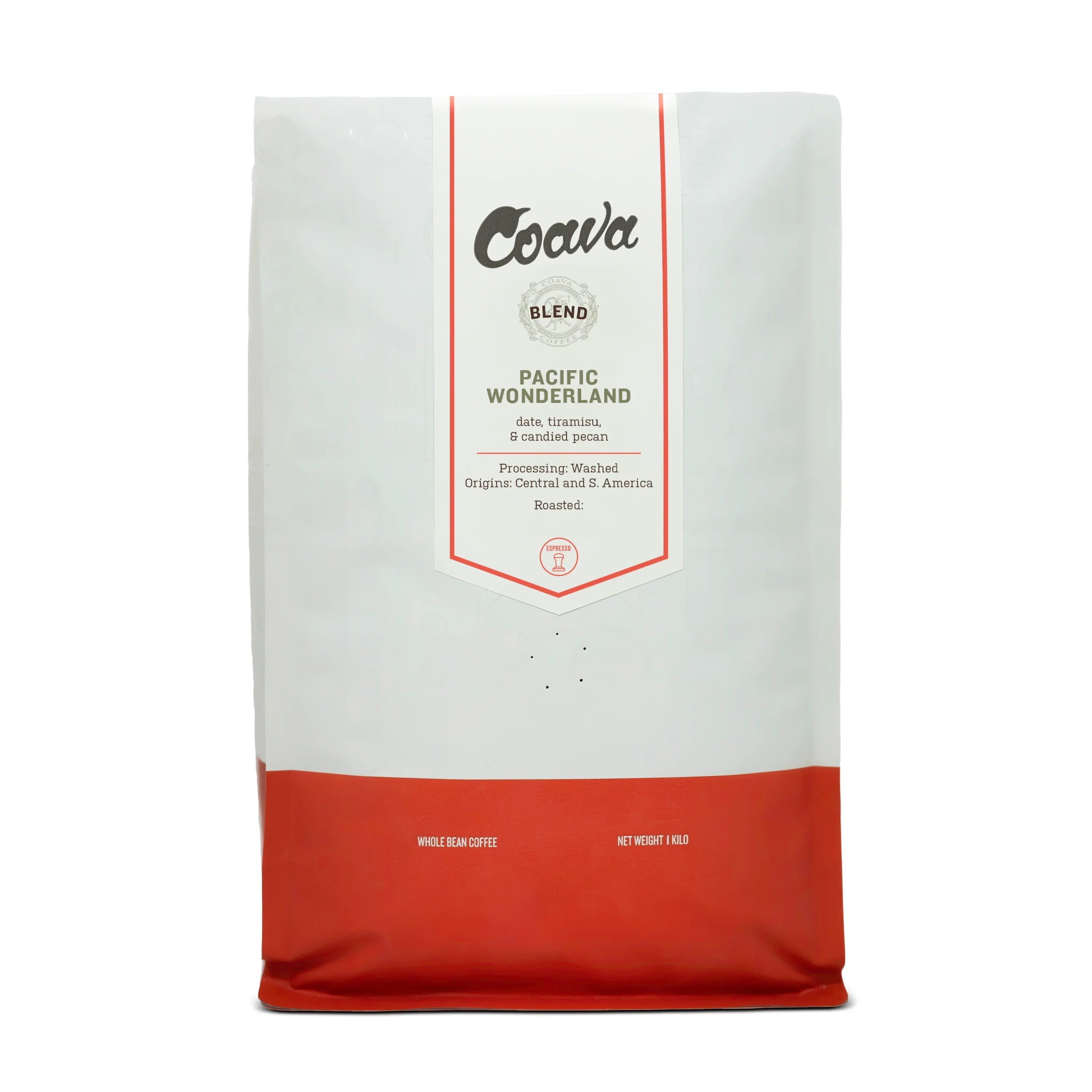 Coava Pacific Wonderland coffee bag, 1 kilo. Espresso roast, Central/S. America origin. Notes: date, tiramisu, candied pecan.