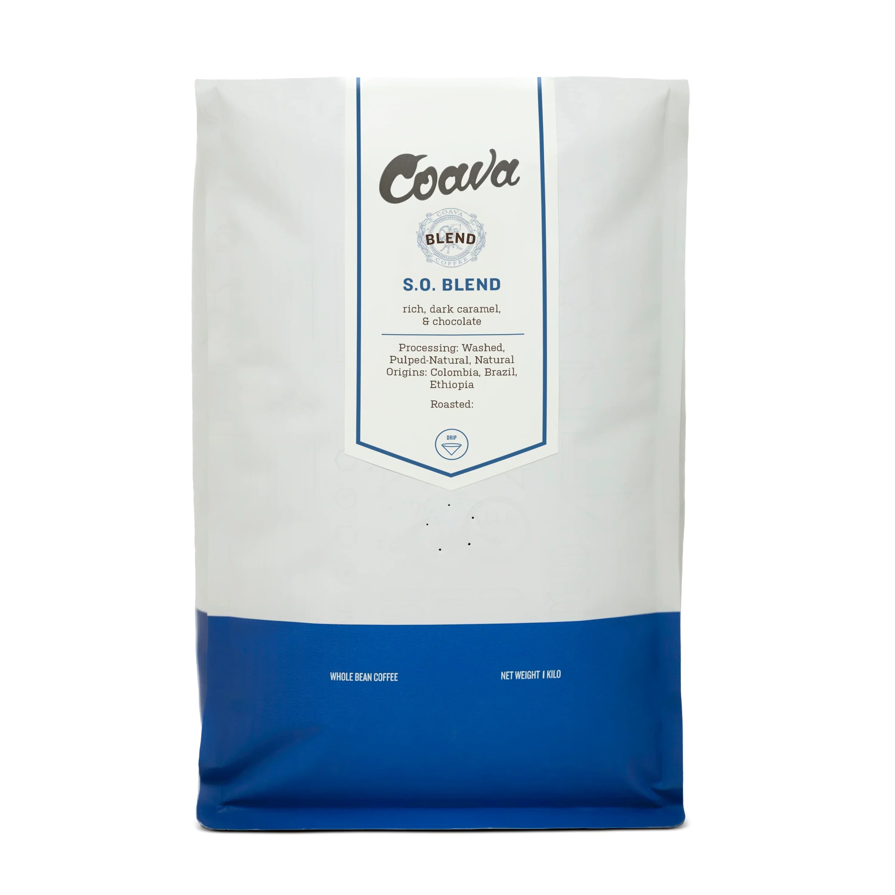 Coava S.O. Blend 1kg bag: Drip roast coffee with caramel, chocolate notes. Origins: Colombia, Brazil, Ethiopia.