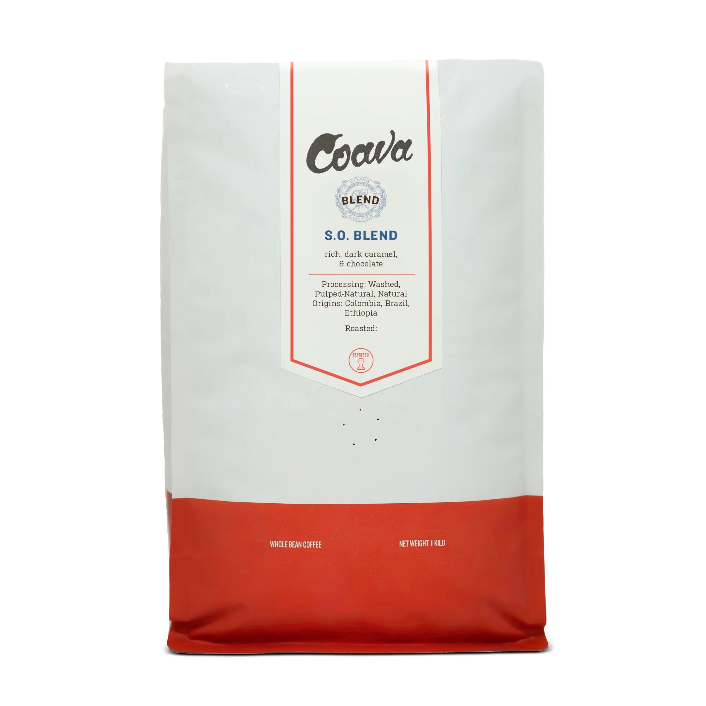 Coava S.O. Blend 1kg whole bean coffee bag, rich caramel & chocolate notes, Colombia, Brazil, Ethiopia origins.