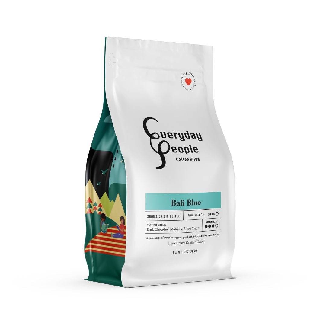 Bali Blue Coffee - Medium Dark Roast, featuring notes of dark chocolate and molasses.