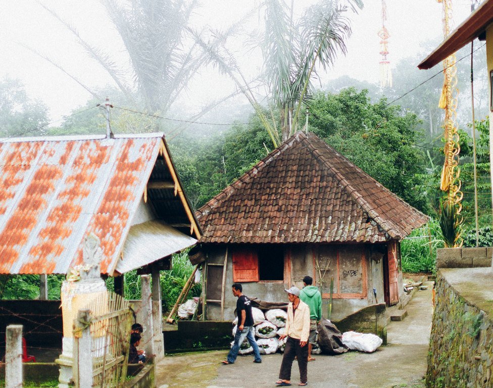 Kintamani Highlands Bali Indonesia, rustic buildings and people