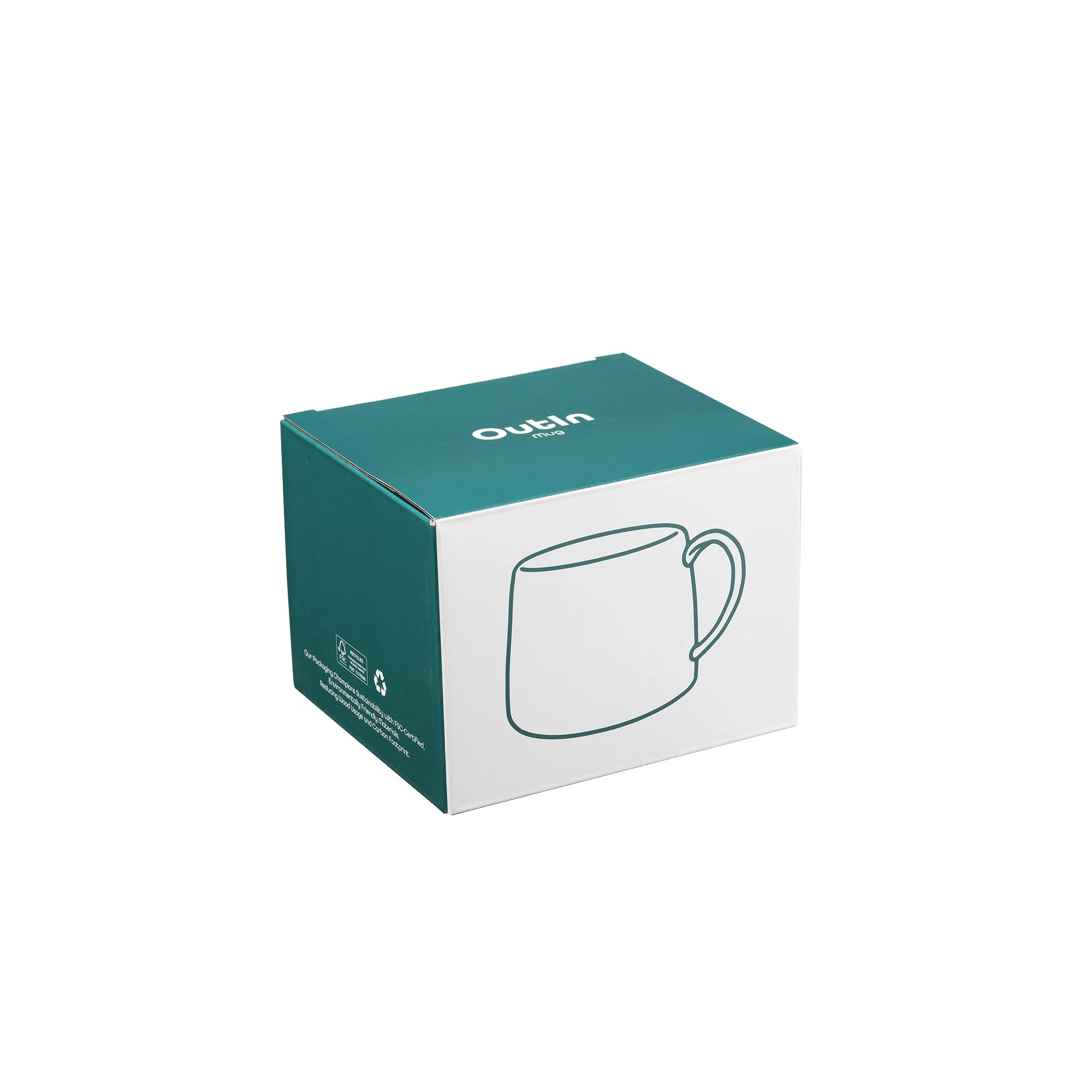 Teal and white packaging box for Outin Portable Espresso Machine Mug.