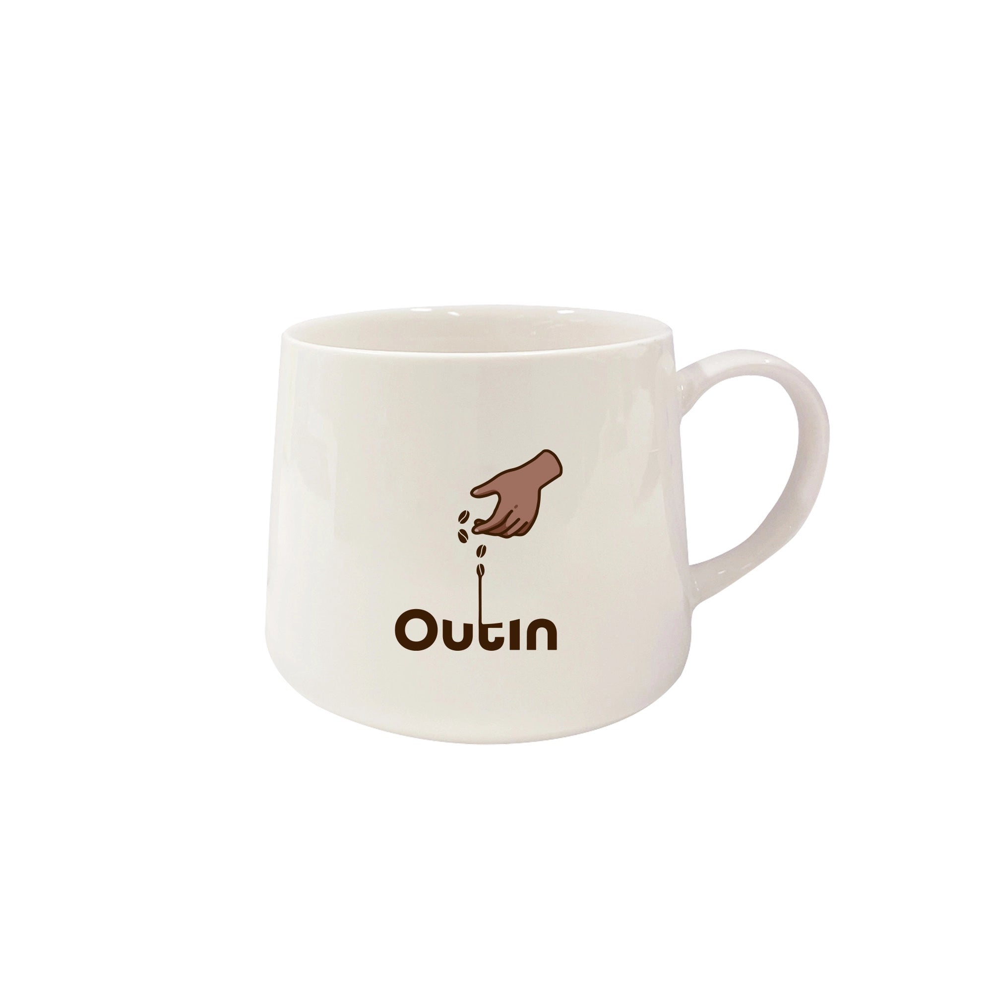 Outin Portable Espresso Machine Mug with Outin logo and coffee pouring graphic.