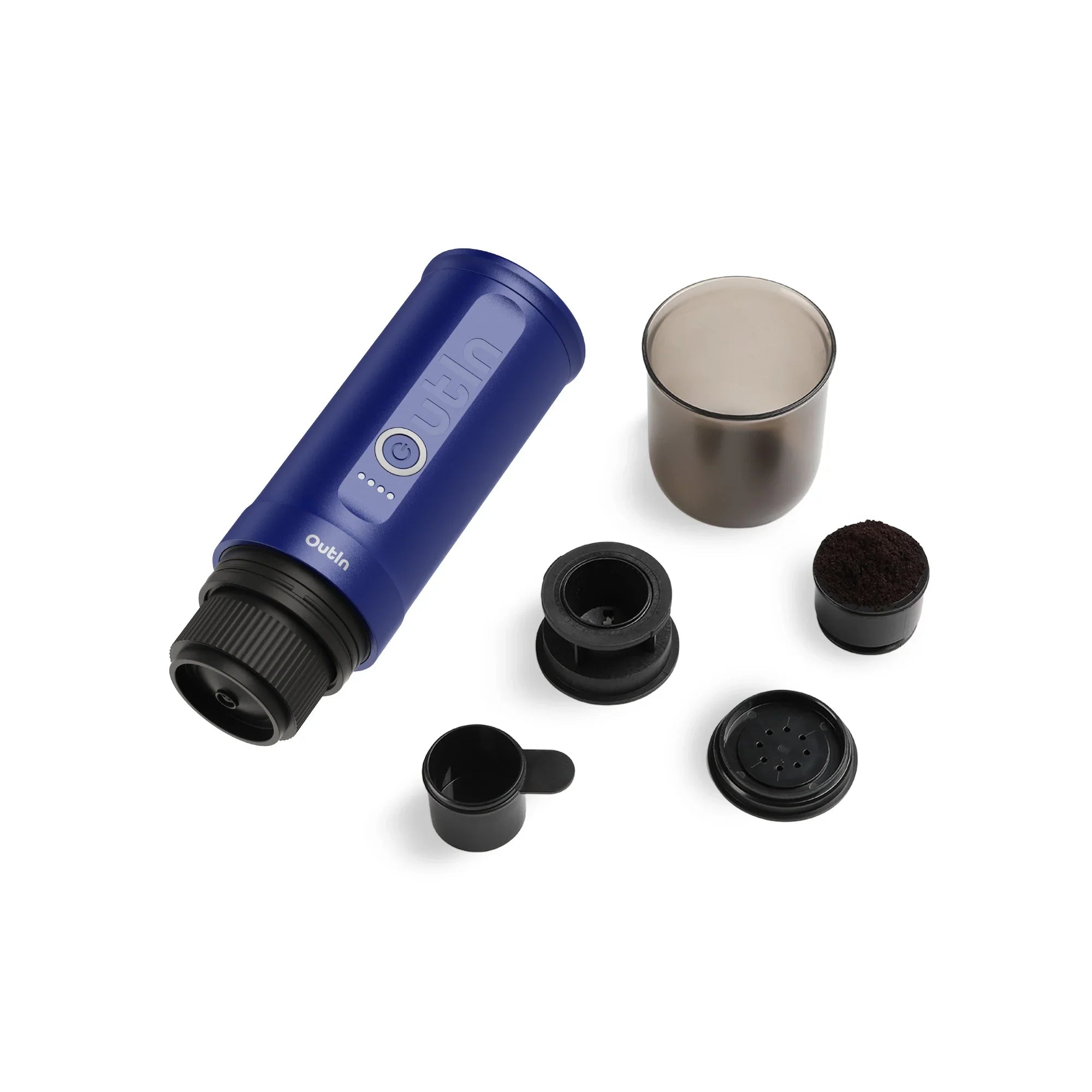 Ocean blue Nano portable espresso machine with capsule adapter, coffee grounds holder, scoop, and cup on white background.