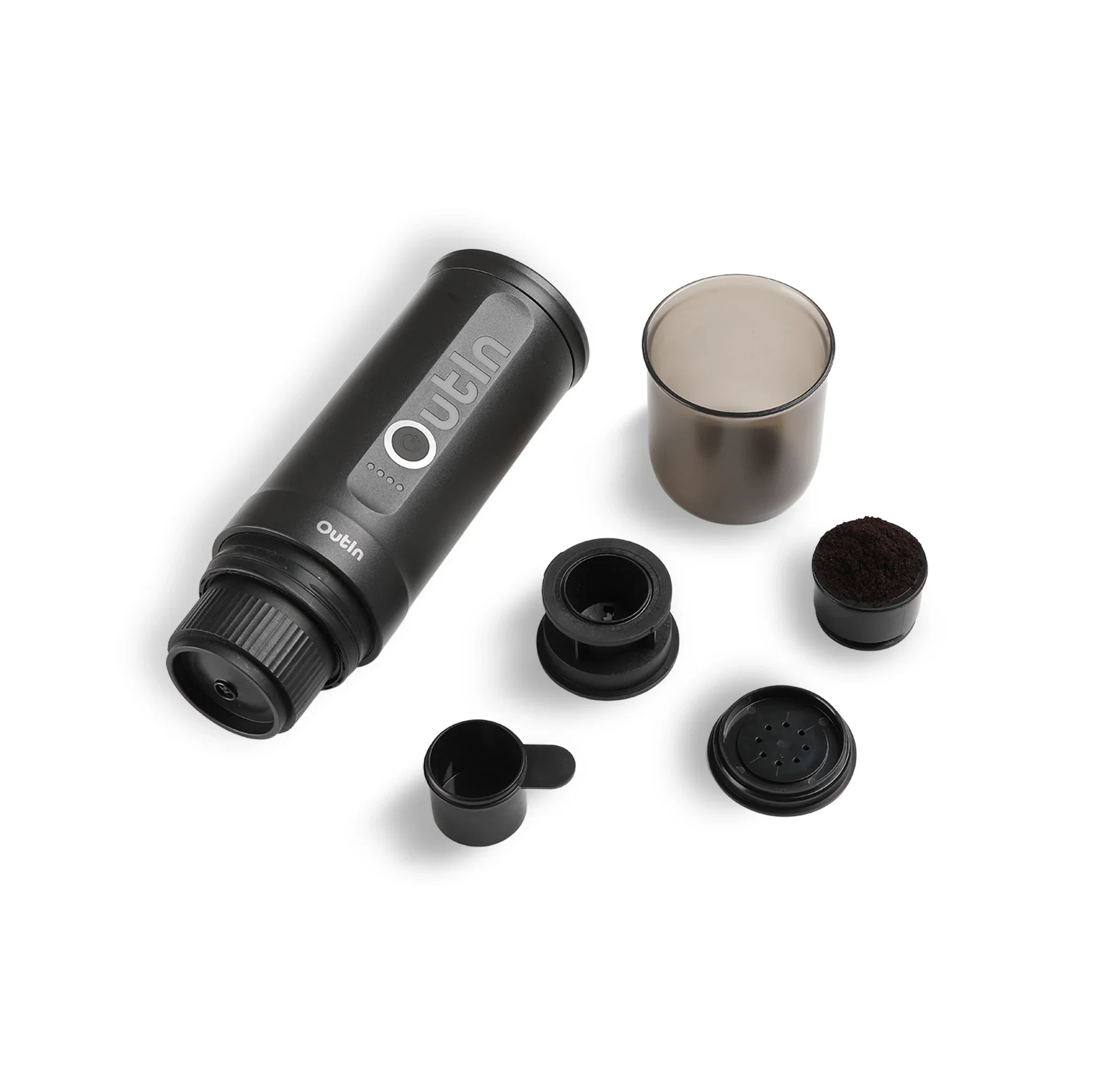 OutIn Nano Portable Espresso Machine (Space Grey) with accessories shown.