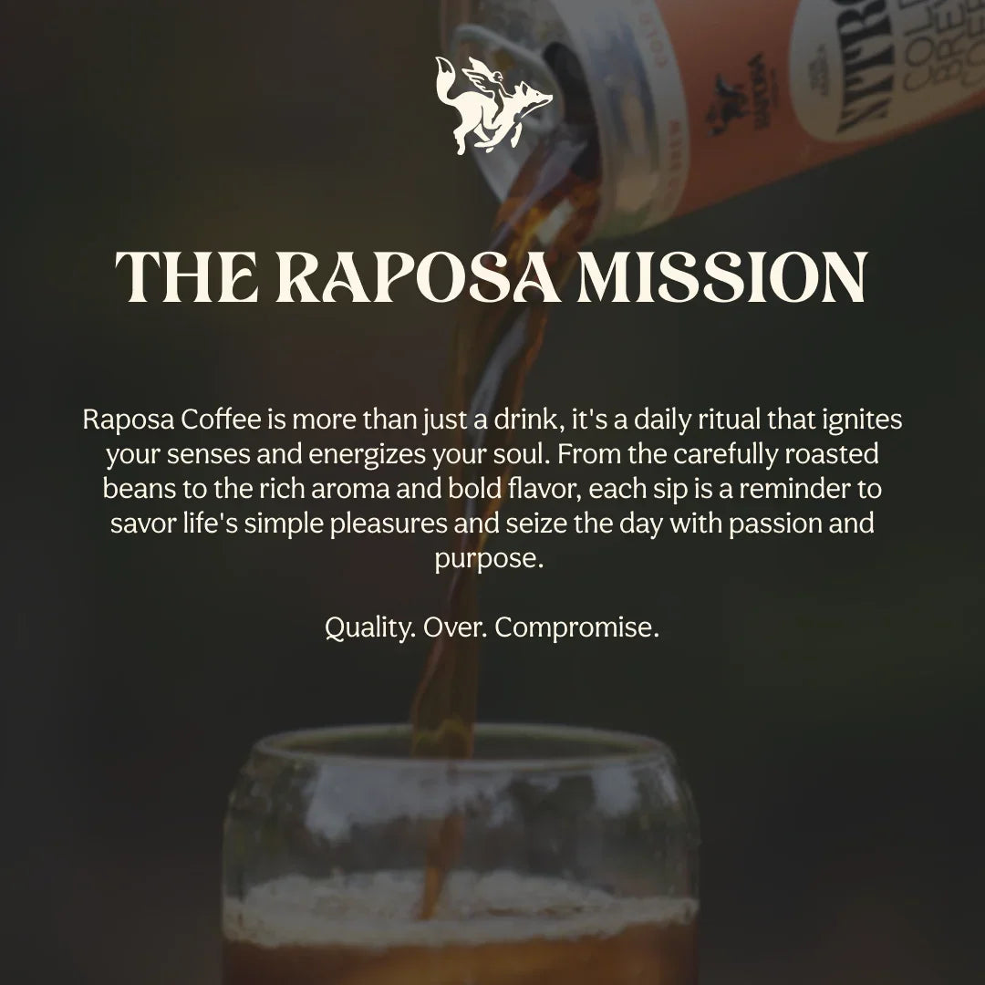 Raposa Coffee Co. brand mission, fox logo, and cold brew pouring. Raposa fulfills our Sunrise Blend coffee.