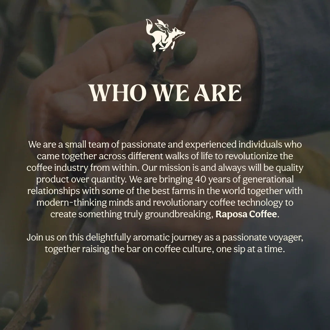 Raposa Coffee Co. logo with 'WHO WE ARE' text, hands holding fresh coffee cherries on a branch. Brand story.