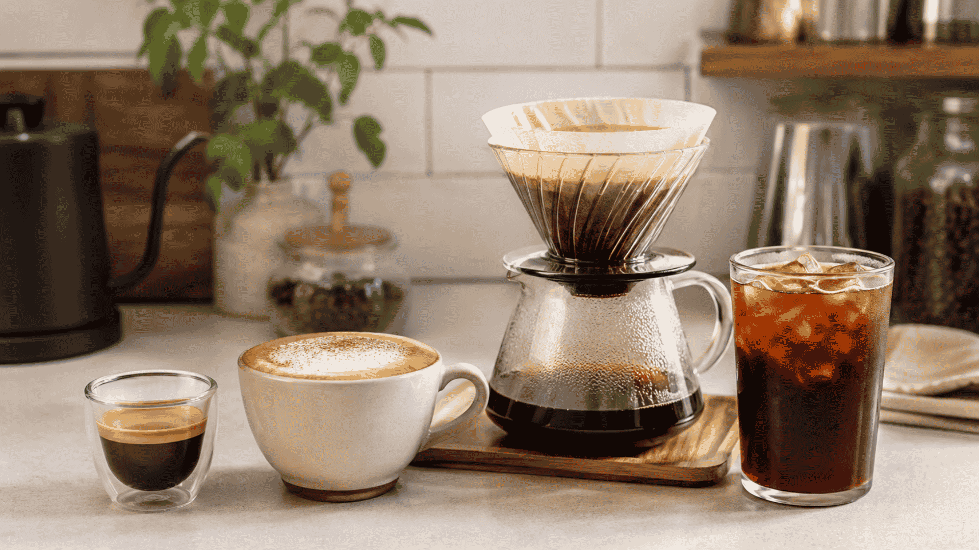 Espresso, cappuccino, pour-over coffee, and iced coffee arranged on a bright café counter