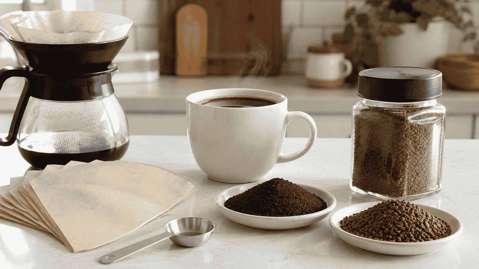 Ground coffee, instant coffee granules, a paper filter, and a freshly brewed cup on a kitchen counter