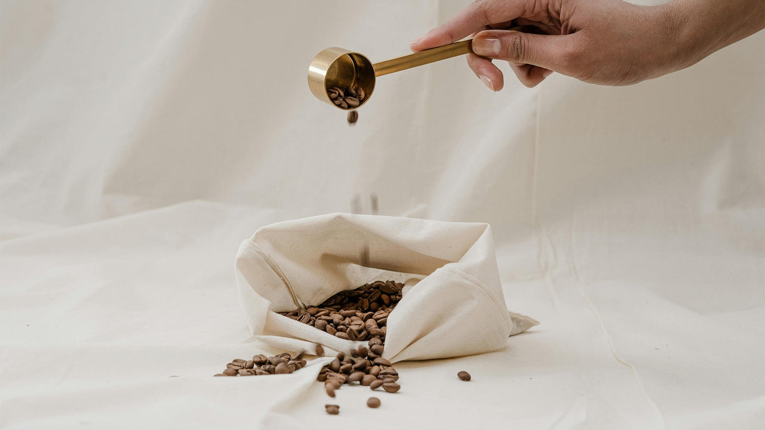 Hand using brass coffee scoop to measure fresh coffee beans from white cloth bag, minimalist coffee preparation setup on white background