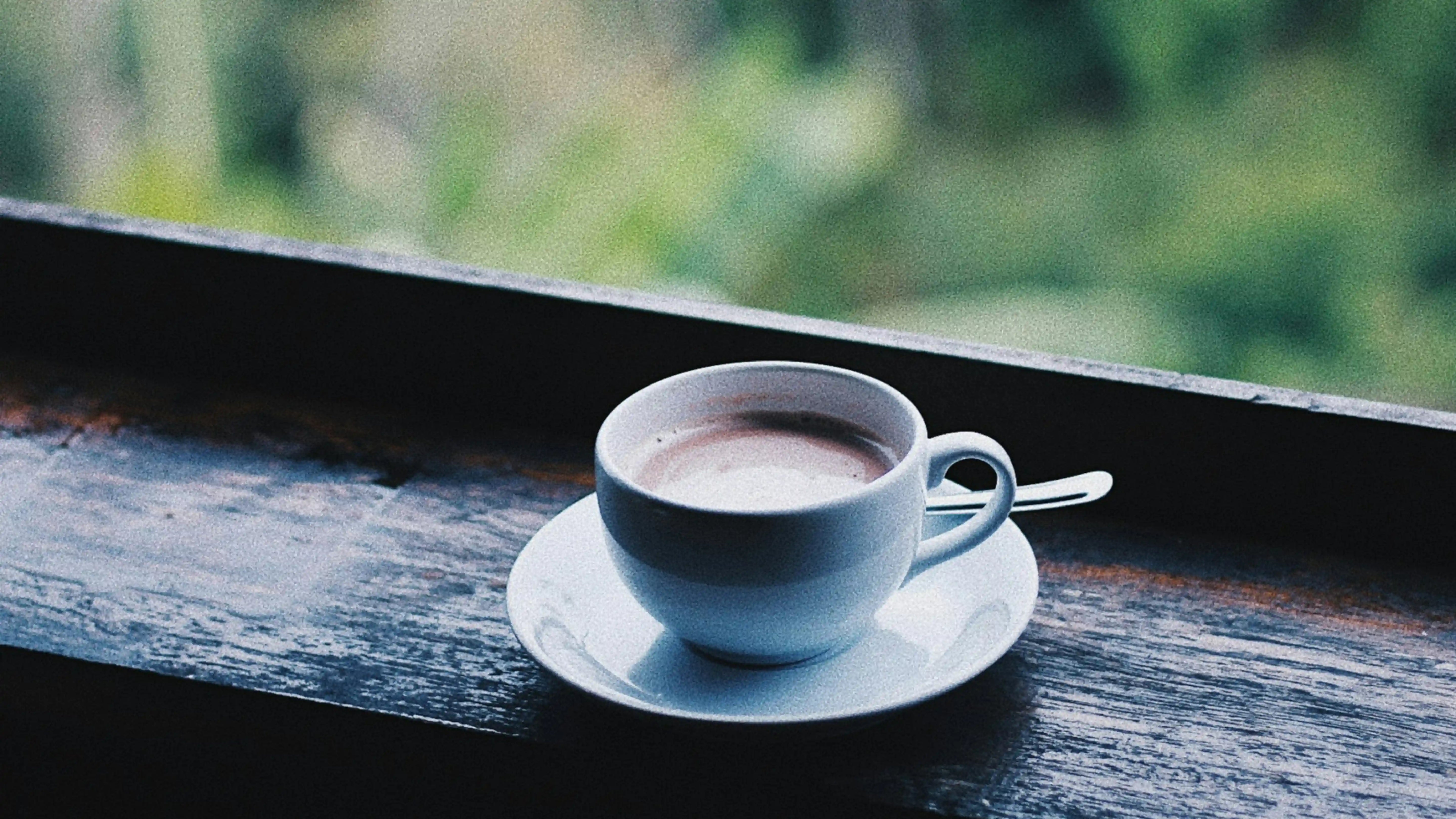 Creamy latte in white ceramic cup with saucer against blurred green natural background, perfect morning coffee aesthetic