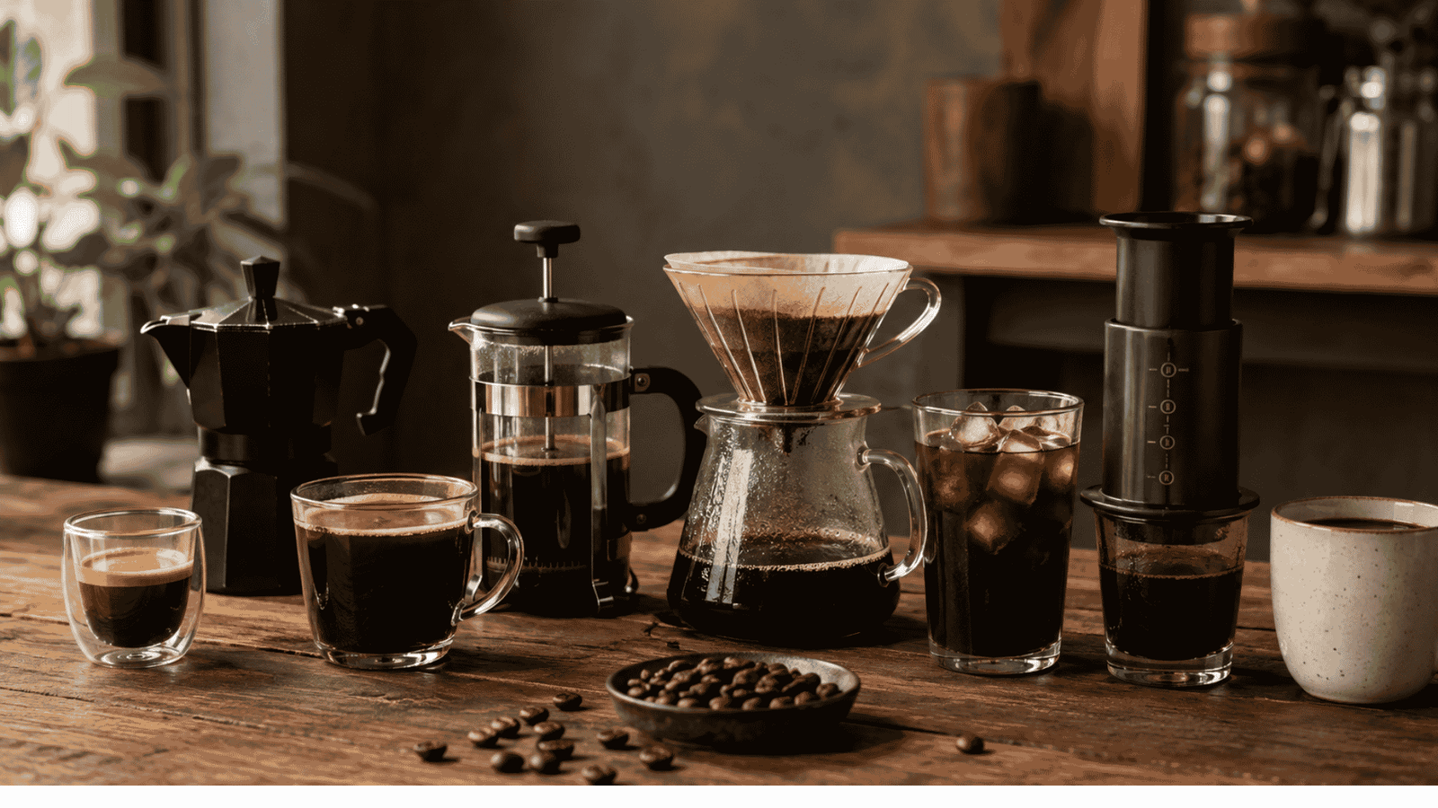 Coffee brewing methods including a moka pot, French press, pour-over coffee, AeroPress, espresso, and iced coffee