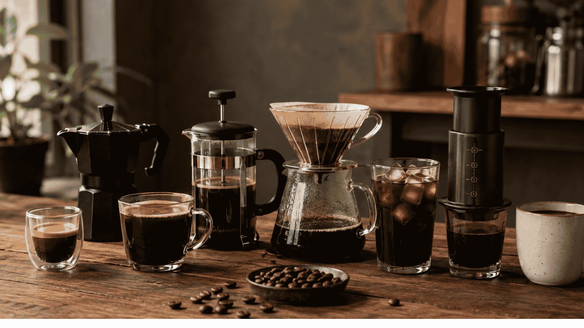 Coffee brewing methods including a moka pot, French press, pour-over coffee, AeroPress, espresso, and iced coffee