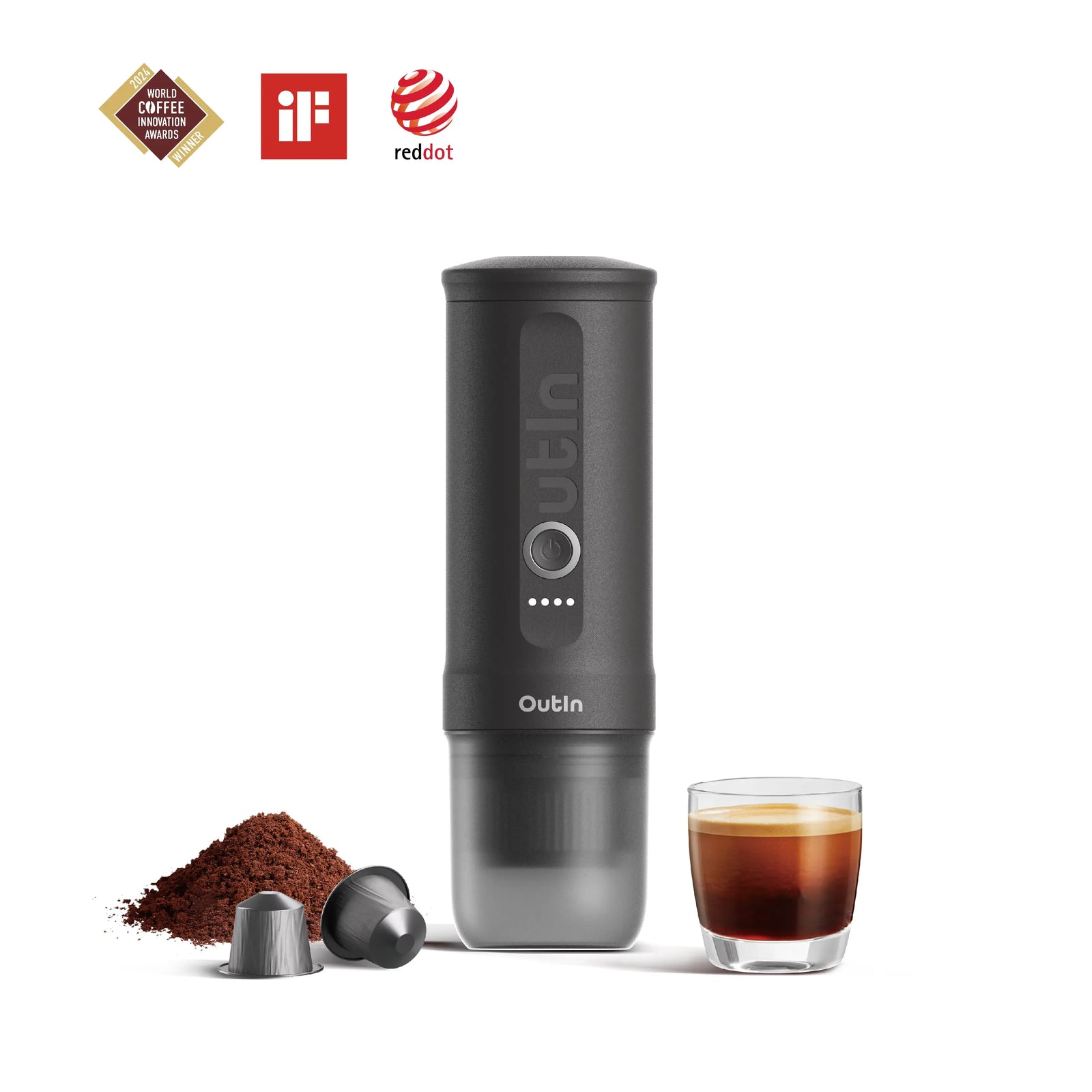 Space Grey OutIn Nano portable espresso machine with coffee accessories