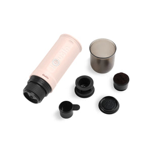 Rose Quartz Nano Portable Espresso Machine with brewing accessories