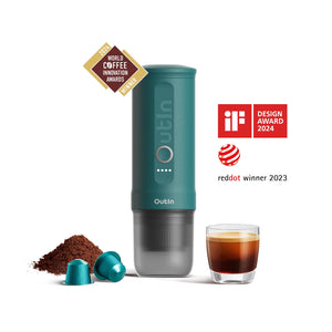 Teal Nano Portable Espresso Machine with accessories.