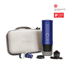 Ocean Blue Nano Portable Espresso Machine with accessories.