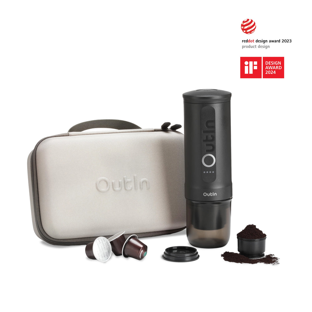 Outin Traveler Espresso Gift Set in Space Grey with a Nano Portable Espresso Machine and protective case.