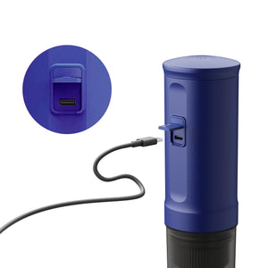 Close-up of Ocean Blue Nano Portable Espresso Machine USB port detail.