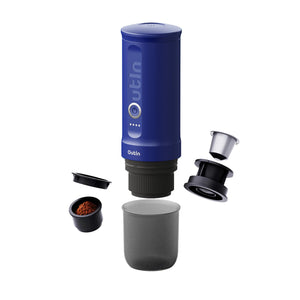 Nano Portable Espresso Machine in Ocean Blue with brewing accessories.