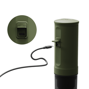 Nano Portable Espresso Machine in forest green with USB-C charging cable.